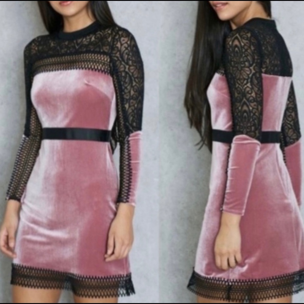 Pink Velvet Black Lace Trim Long Sleeve A-line Dress Sz 10